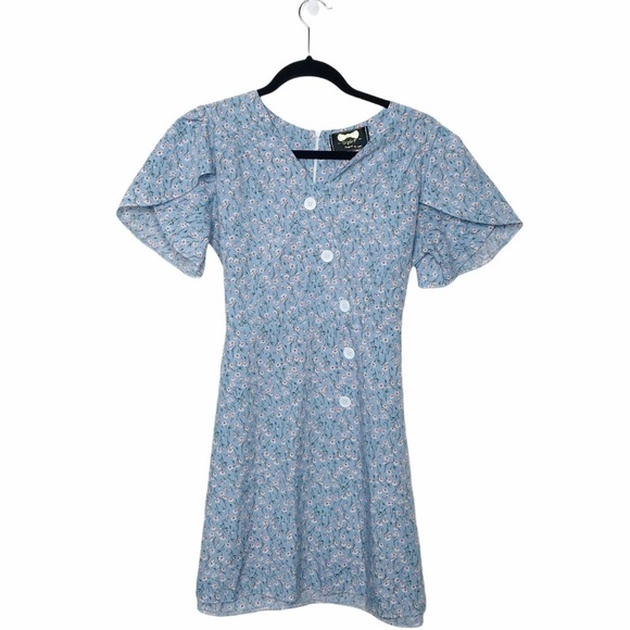 Blue Floral Mini Dress With Flutter Sleeves - Picture 2 of 7